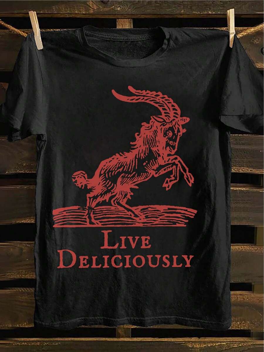 Men's 100% Cotton Graphic T - Shirt With A Leaping Goat Motif In Red Print. It Features A Round - Neck Design And Is In A Casual Style, Perfect For Daily Wear. The High - Quality Direct - To - Garment Printing Process Ensures Vivid Prints. This Black T - Shirt Is Suitable For Various Activities And Gatherings, And Is Also A Great Choice For Summer Vacations. Ideal For Men Who Love Graphic Tees And Want To Live Deliciously. Streetwear - Inspired, It's A Fun Addition To Your Summer Clothes Collection. Men's Casual T - Shirt, Graphic Tees Men, Summer Vacation Outfits, Funny Tshirts. Graphic Tees