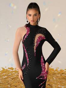 Love Aing Women's Handmade Rhinestone & Colorful Diamond Mesh Splice Slit Contrast Color Elegant Sexy Fitted Cocktail Party Dress, Suitable For Wedding Guest