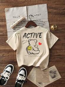 男孩和青少年学生休闲印花圆领短袖 T 恤、夏季上衣