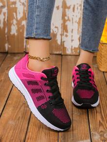 Giày thể thao lưới thoáng khí cho nữ, buộc dây phía trước, đế mềm & đàn hồi, giày chạy bộ ngoài trời - Màu Hồng Tươi - Xem 5
