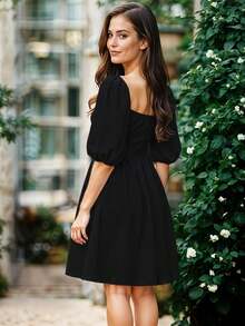 Vestido Corto de Escote Cuadrado con Manga Abullonada Casual para Mujer - Negro - Ver 2