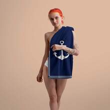 1 件现代海军蓝锚图案沙滩巾，100% 涤纶，快干，超强吸水，可机洗，针织矩形数码印花沙滩巾