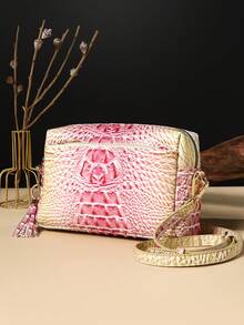 New Style Fashionable Crocodile Print Crossbody Bag, Women's Colorful Gradient Crocodile Print Small Square Bag - 13#pink+yellow - View 2