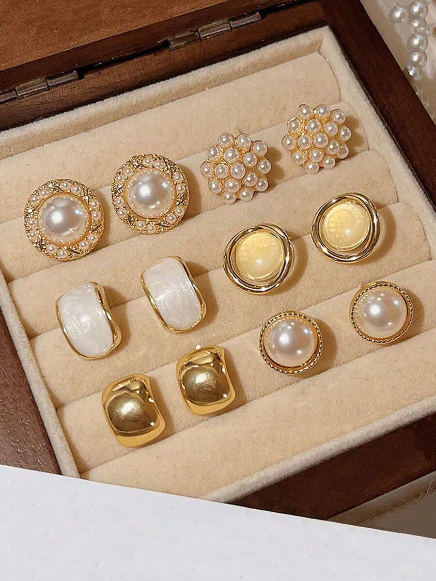 Bộ 6 món kiểu Hồng Kông cổ điển, mặt dây chuyền ngọc trai tròn bề mặt nhẵn, bông tai hình mắt mèo và bông tai đinh tán, thích hợp cho bé gái. - Một cỡ - Xem 1