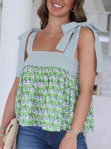 Peplum Babydoll Tank Tops For Women Boho Floral Print Tie-Up Wide Straps Sleeveless Cami Tops Going Out Shirts - 綠色 - 查看 1