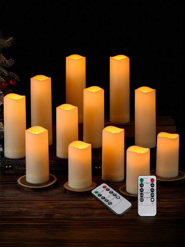 12 piezas de velas de pilar sin llama con pilas y 2 temporizadores remotos, velas LED parpadeantes de 4/5/6/7 pulgadas, velas de plástico color marfil, velas en forma de vela