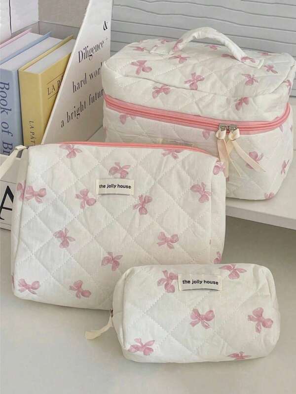 3pcs/Set Quilted Bow And Rose Design Makeup Bag, Fashion Portable Cosmetic Bag, Multifunctional Storage Pouch, Large Capacity Cute Toiletry Bag, Travel Organizer, Printed Wash Bag, Sorting Storage Bag, Vanity Tray Organizer, Suitable For Home, Bedroom, Bathroom, Travel, Outdoors, Mothers, Girls, Mother's Day Gift