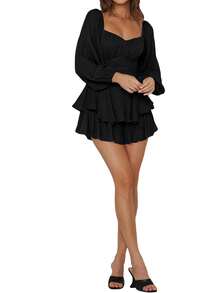 Womens Loose Shorts Jumpsuit, Solid Color Lantern Long Sleeve Square Neck Ruched Ruffled Playsuit - Black - View 9