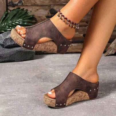 2025 New Summer European And American Style Comfortable Retro Wedge Heel Sandals, Open-Toe Hollow-Out Women'S Sandals