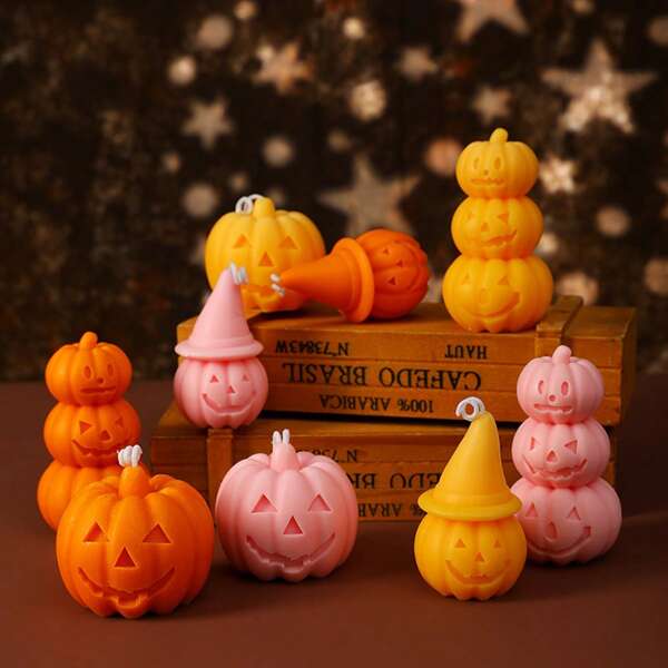 Decoración de velas con calabazas de Halloween - 3 estilos: Cara sonriente, Sombrero de bruja y Set de calabazas apiladas para decorar la mesa de fiesta de terror en el hogar