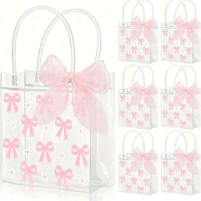 1/3/6Pcs Transparent PVC Gift Bags With Pink Bow & Daisy Flower Pattern - Mother's Day, Wedding, Birthday Party, Valentine's Day Elegant Tote Bag Without Pink Ribbon, Durable Wedding Favor Bags, Transparent Bags