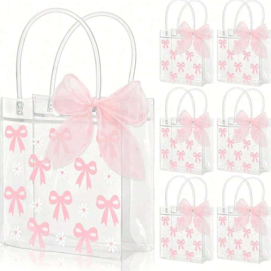 1/3/6Pcs Transparent PVC Gift Bags With Pink Bow & Daisy Flower Pattern - Mother's Day, Wedding, Birthday Party, Valentine's Day Elegant Tote Bag Without Pink Ribbon, Durable Wedding Favor Bags, Transparent Bags - Multicolor - View 1