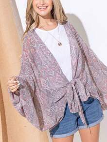 Womens Casual Cover Up Boho Chic Paisley Print Bell Sleeve Kimono Cardigan Front Tie Wrap Light Gray Pink Pattern Open Front Beach Resort Wear Summer Spring Vacation Beachwear Loose Fit - 多 - 查看 7