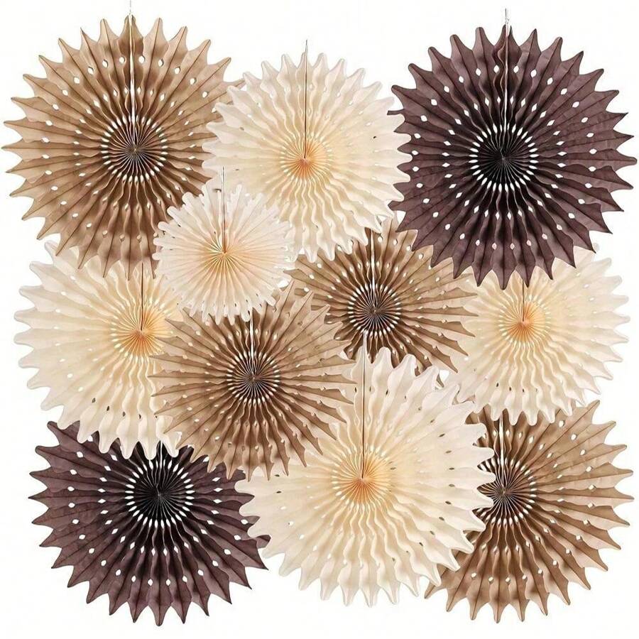 1件/11件/13件装棕色派对装饰品，中性色派对装饰品，空心蜂窝圆形纸扇，乡村风格生日婚礼毕业派对用品，蓝色生日派对装饰品，彩带装饰 - 棕色系紙扇 - 查看 1