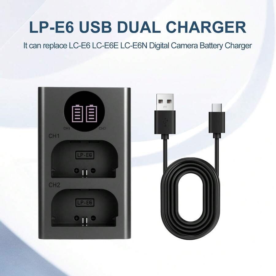 EDEKOY Cargador de batería recargable de doble ranura USB compatible con baterías Canon LP-E6NH, LP-E6N, LP-E6; Cargador de batería de cámara con pantalla LED DL-E6 compatible con cámaras Canon R7, R6, R5, 5D-IV/III/II, 5DS, 6D, 6D-II, 7D D-II, 90D, 80D, 70D, 60Da - Negro - Ver 1