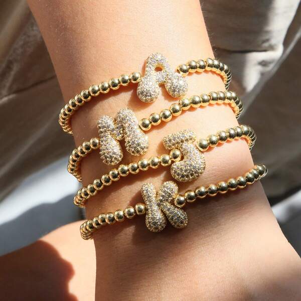 2025 Fashion Charm 4mm Copper Beads Big 26 English Letters Inlaid White Zirconia Bracelet Women Girl Sparkling Jewelry