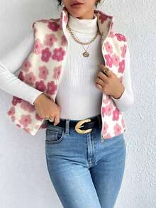 女士休闲保暖外套，花卉图案羊羔绒拉链高领背心，冬季 - 白色 - 查看 7