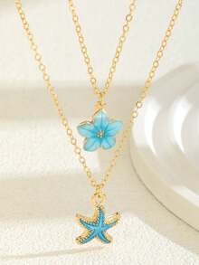 2pcs/Set Delicate & Fashionable Sweet 5-Petal Flower & Starfish Pendant Necklace, Suitable For Girls Wear To Beach, Party, Travel, Daily Occasions In Summer - Multicolor - View 9