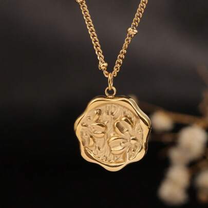 1pc Stainless Steel 18k Gold Asymmetrical Round Peach Blossom Imprint Pendant Necklace For Women, Adjustable, Versatile Summer Style, Suitable For Daily, Commuting, Travel, Gift For Girlfriend/Valentine