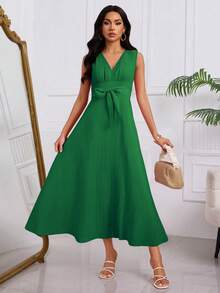 Elegant Vestido Tank Textura Con Cordones Con Lazo Para Mujer, Vestido Largo De Moda Con Cuello En V Y Cintura Alta Ajustable,Vestido Casual De Línea A Unicolor - Verde - Ver 4