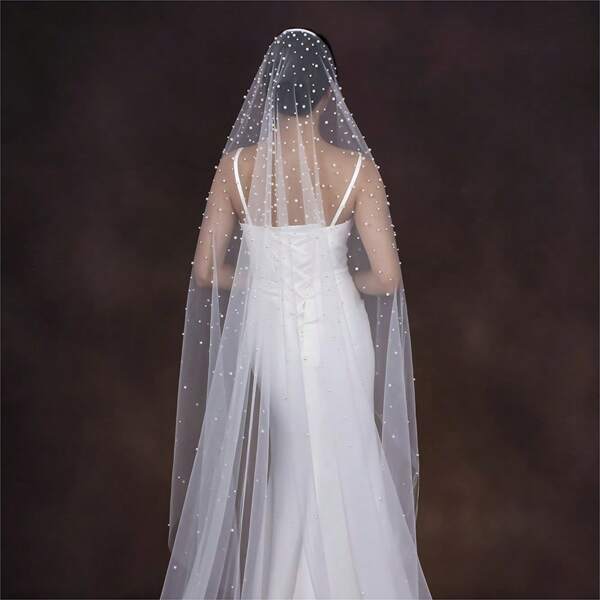 1pc Luxury Heavily Embellished Bridal Veil With Faux Pearl Decoration, Cathedral Train, Wedding Accessory