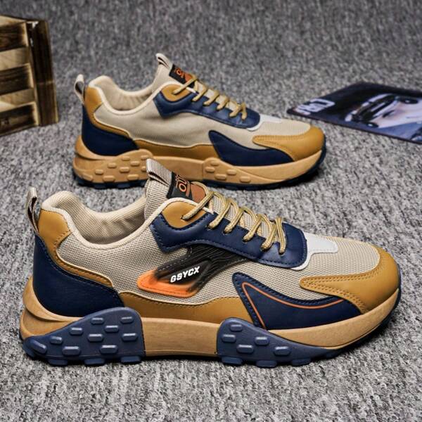 Últimos diseños de zapatillas de deporte para hombre, zapatos deportivos con cordones, zapatos deportivos de bloques de color, zapatillas gruesas de diseñador con suela suave y cómoda, zapatos casuales de estilo coreano versátil, zapatillas deportivas