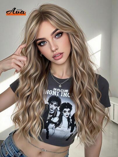 Peruca loira mista de 24" com castanho claro, longa e ondulada para mulheres com franja de cabelo sintético cacheado natural, resistente ao calor, para uso diário em festas e cosplay, itens essenciais de beleza para festas, presentes de Halloween e Natal, presentes para namoradas, verão, cuidados para festivais, cabelo falso resistente ao calor para cosplay ou uso diário em festas de fim de ano, ideal para uso diário e em cosplay, presentes de verão para meninas, acessórios para festivais