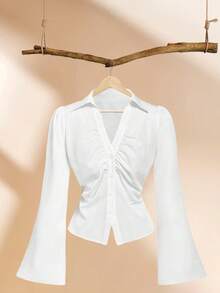 Women's Solid White Spring Fall Blouse, Flared Long Sleeve Lapel  V-Neck Shirt Button Down Slim Top For Office, Casual Wear - trắng - Xem 5