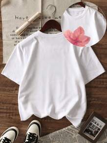 1pc Girls' Casual Printed Round Neck Short Sleeve T-Shirt, Summer Student Youth Apparel - Artistic Style T-Shirt Inspires Imagination And Self-Expression - White - View 3