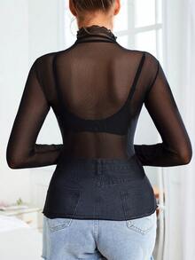 Europe And The United States Ladies Solid Color Sexy Ultra-Thin Mesh Stretch Tight Long-Sleeved Semi-Transparent Bottoming Shirt