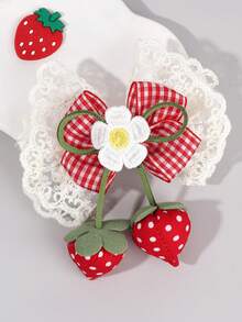 1 件女孩可爱草莓蝴蝶结发夹，配可爱草莓球尾和花朵装饰，花卉刺绣米色蕾丝蝴蝶结发夹 - 迷人甜美水果风格，适合日常穿着、学校、派对和春夏 - 彩色 - 查看 7