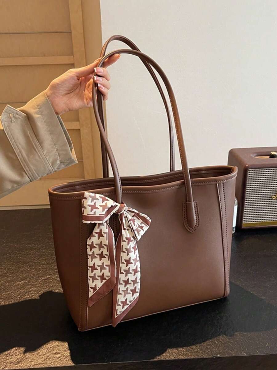 SHEIN MOD Túi đeo vai đơn giản cổ điển thời trang màu trơn da PU dung tích lớn dành cho người đi làm Túi xách đeo vai thông thường Túi xách đa năng phù hợp cho phụ nữ - Cà phê nâu - Xem 1