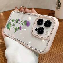 Funda para teléfono 1 unidad, diseño de flores de cardo morado en acuarela, con purpurina, doble cara | Funda brillante 11/12/13/14/15/16 - Rosa - Ver 1