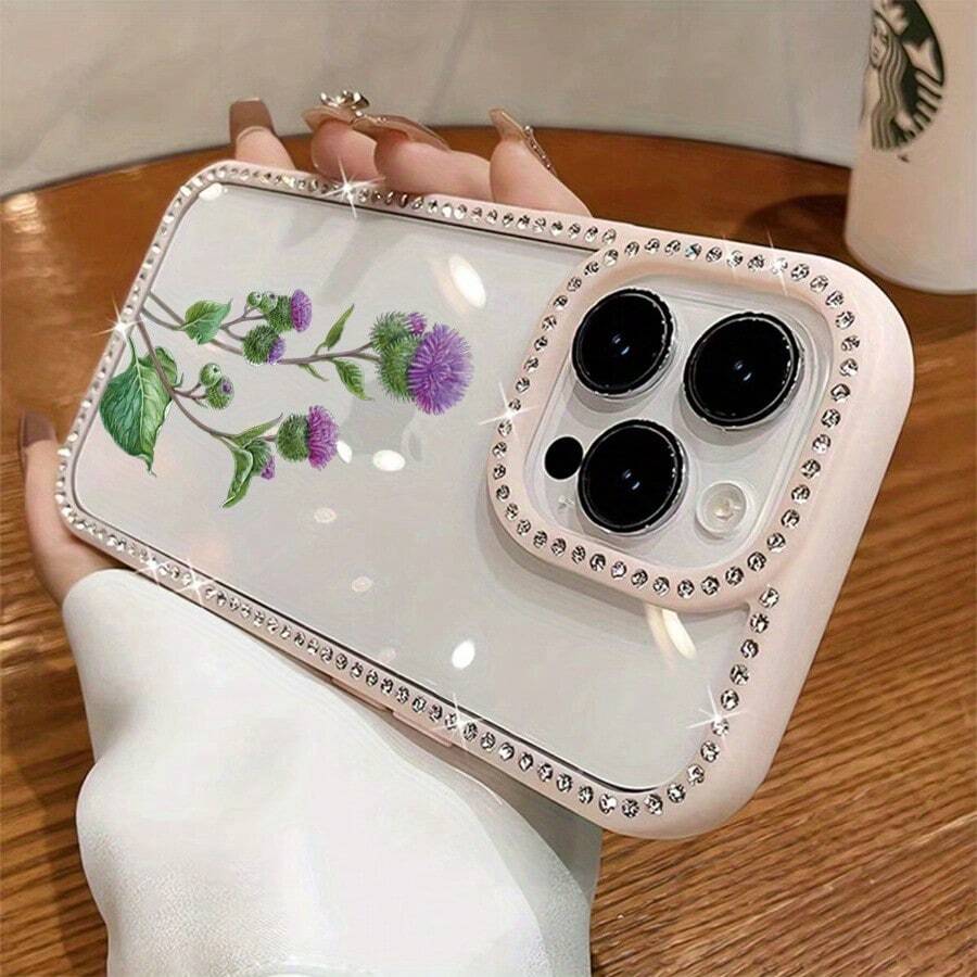 Funda para teléfono 1 unidad, diseño de flores de cardo morado en acuarela, con purpurina, doble cara | Funda brillante 11/12/13/14/15/16 - Rosa - Ver 1