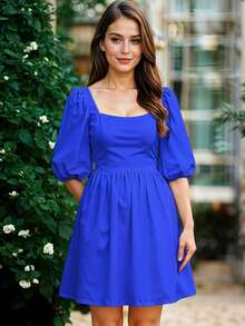 Vestido Corto de Escote Cuadrado con Manga Abullonada Casual para Mujer - Azul - Ver 3