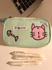 1pc Cute Cat Design Pencil Case, Highly Attractive Candy Color Contrast Color Pencil Box, Large Capacity Stationery Storage Bag, Unique Design,School Supplies,Back To School