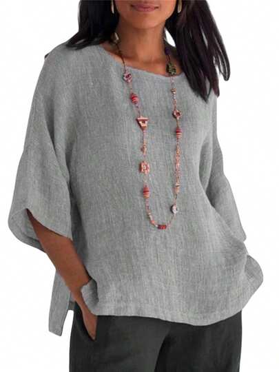 Women Fashion Casual Shirts Solid Color 3/4 Sleeve Round Neck Blouses Summer Loose Tops Streetwear