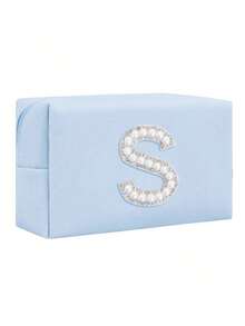 女士八角形化妆包，PU字母化妆包，便携式雪尼尔字母拉链化妆包，字母贴片PU皮革防水旅行洗漱包，字母组合化妆袋（字母A~Z），适合秋季家居装饰 - 藍色+珍珠字母 A-Z - 查看 25