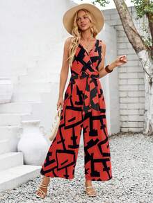 Elegant Mono y Palazzo De Mujer Con Estampado Geométrico, Monos De Chaleco Con Cinturón Moño Al Frente - Naranja - Ver 5