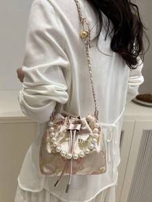 1 件带链条、刺绣和珍珠装饰的抽绳封口面料印花水桶包，可爱花卉单肩手提包，斜挎口红袋，时尚礼品袋，适合女士派对、晚装、日常使用 - 粉色 - 查看 3