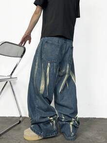 1pc Justice Brother Casual Brand Personalized Distressed Denim Wide Leg Loose Fit Jeans Pants For Men