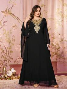 UNITHORSE V-Neck Long Batwing Sleeve Embroidered Chiffon Dress, Black - Black - View 3
