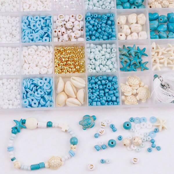 1 Set Ocean Theme Handmade Jewelry Kit, Includes Turtle, Starfish, Round Beads, Clay Beads And 3mm Seed Beads, Suitable For DIY Bracelet, Necklace, Earrings, Anklet And Other Jewelry