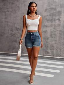 女式口袋卷边休闲百搭牛仔短裤 - 中等水洗藍 - 查看 6