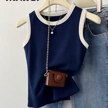 Women's Basic Two-Tone Ribbed Cotton American Summer Blogger Tank Top - 海軍藍雙色 - 查看 1