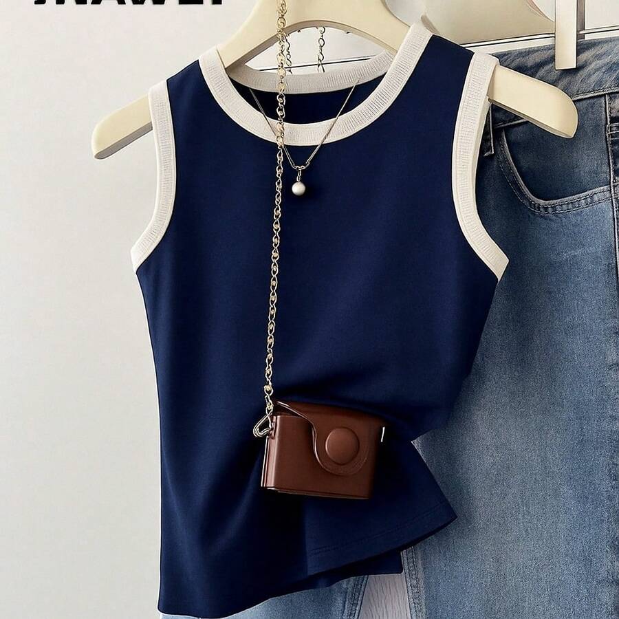 Women's Basic Two-Tone Ribbed Cotton American Summer Blogger Tank Top - 海軍藍雙色 - 查看 1