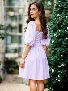 Vestido Corto de Escote Cuadrado con Manga Abullonada Casual para Mujer - Lila Púrpura - Ver 2