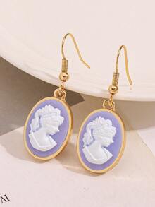 1 Pair Vintage Embossed Face Resin Women Earrings, Oval Geometric Fashionable Earrings - Multicolor - View 4