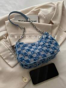 1 件蓝色牛仔拉链格纹印花拼布肩带时尚百搭单肩包，适合女性日常使用