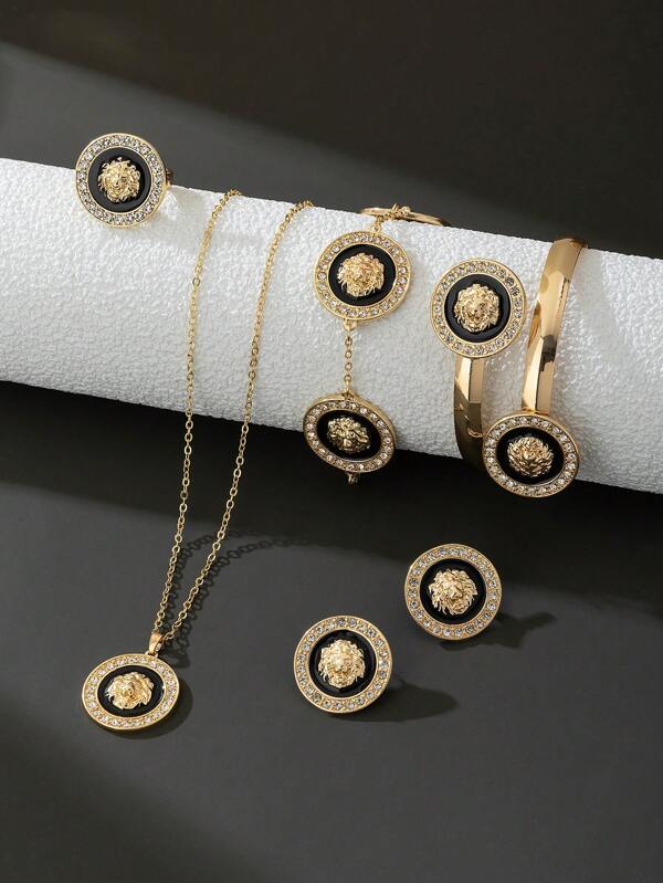 1 par de aretes de botón con cabeza de león de moneda metálica, cristal de rhinestone y baño de oro, un elegante juego de joyas personalizadas, adecuado para uso diario, citas, fiestas y bodas, un regalo ideal para amigos y familiares